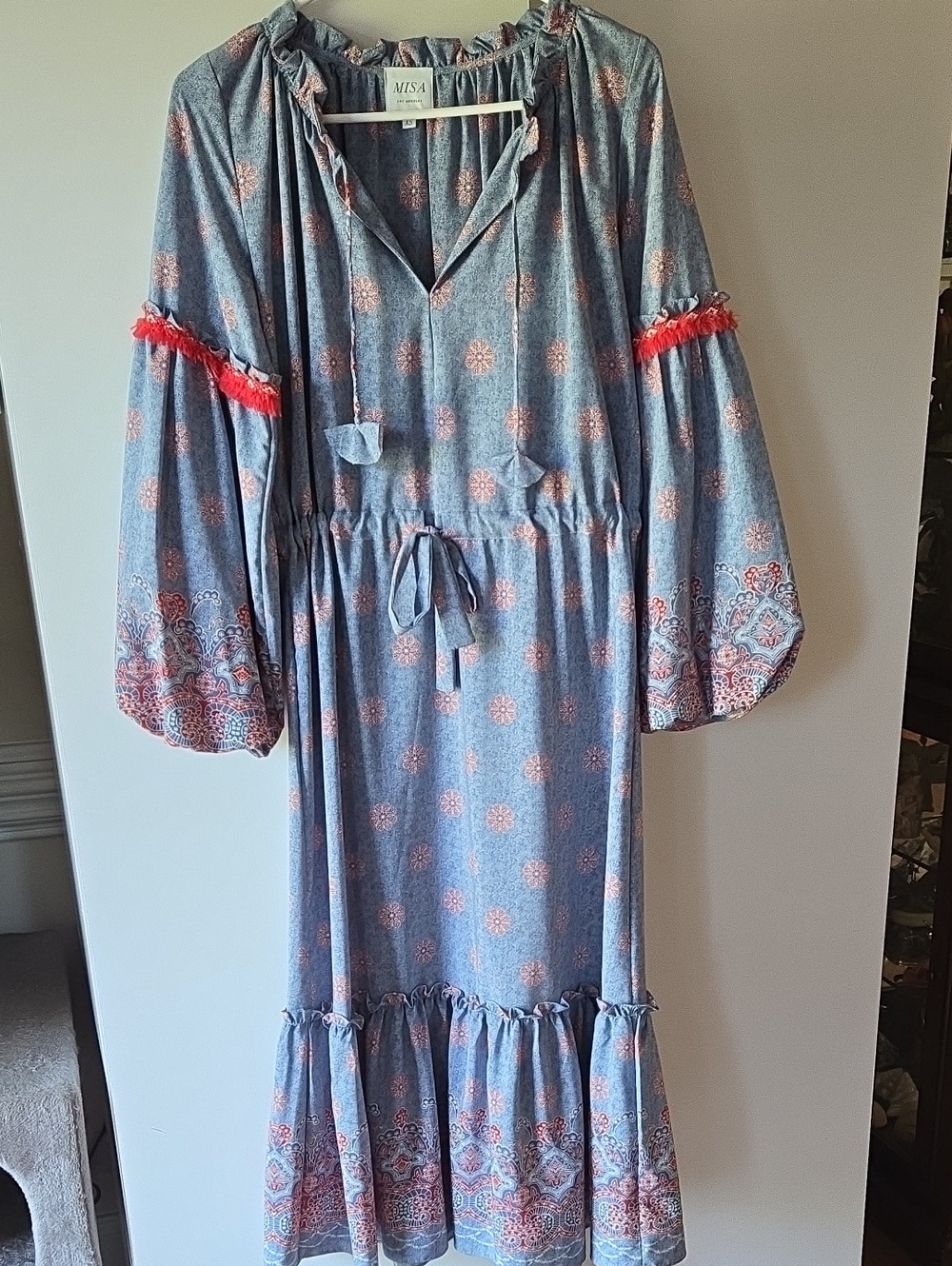 Misa Los Angeles Blue and Coral Long Sleeve Midi Dress